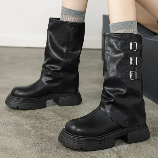 EB | Chunky-Heel-Biker-Stiefel für Damen mit Riemen-Details