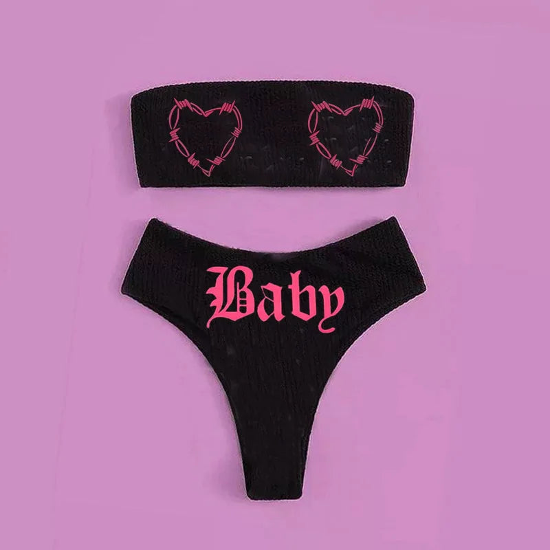 EB | Sexy Goth Bikini Frauen Buchstaben Totenkopf Druck Badeanzug Split Badeanzug Hohe Taille Gotische Bikini Set Strandoutfits