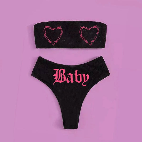 EB | Sexy Goth Bikini Frauen Buchstaben Totenkopf Druck Badeanzug Split Badeanzug Hohe Taille Gotische Bikini Set Strandoutfits