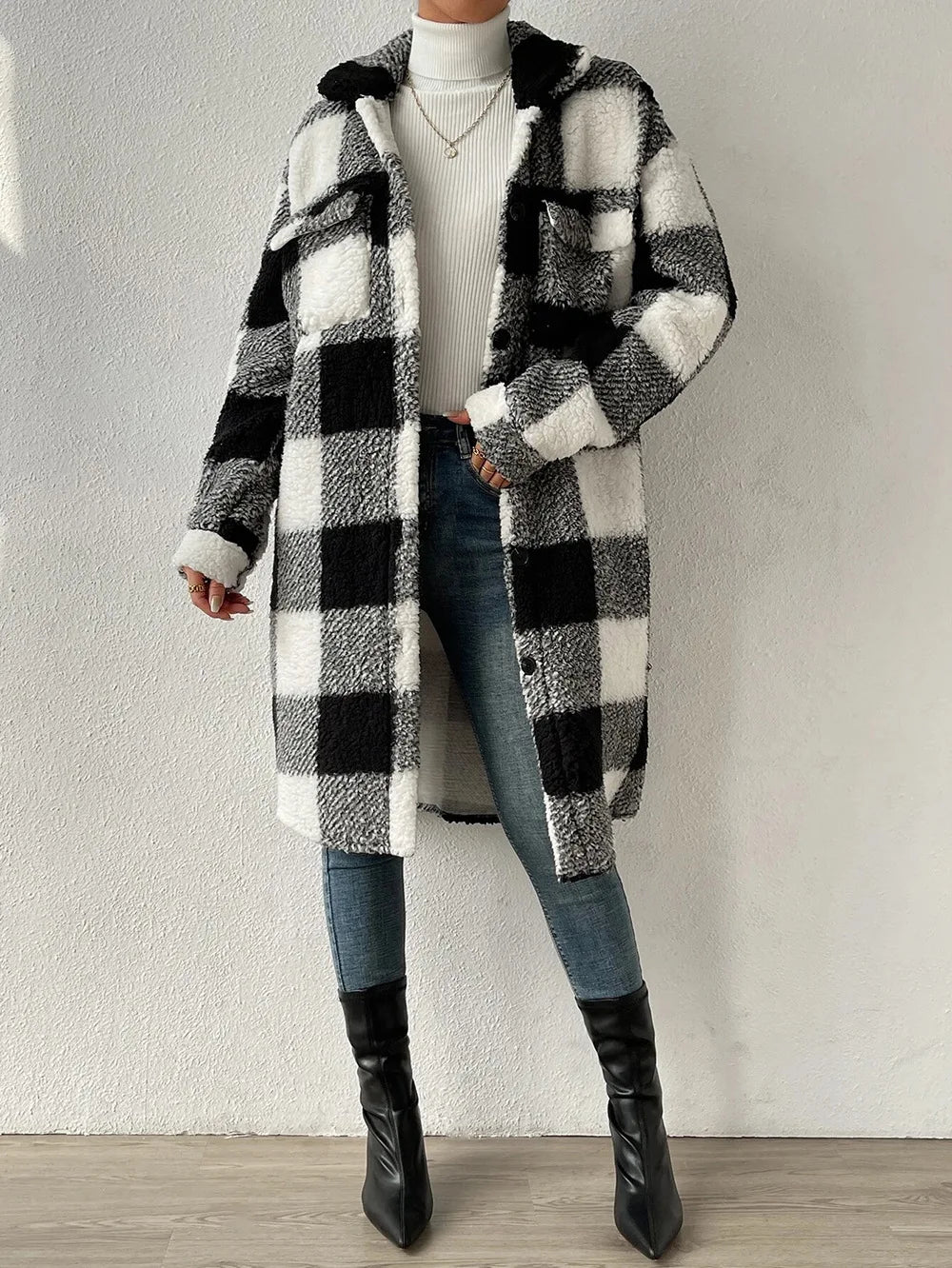 EB | Langer Kariert Fleece-Mantel