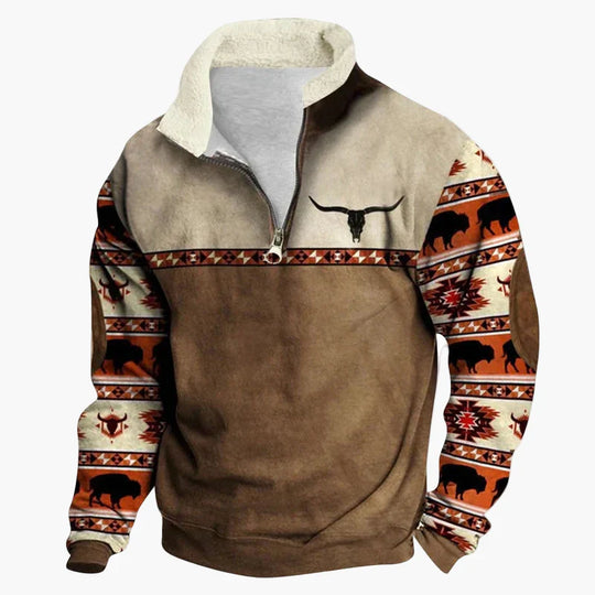 EB | Western Style Pullover mit Azteken-Muster und Longhorn-Motiv - Bequemer Freizeit-Sweater für Outdoor & Alltag
