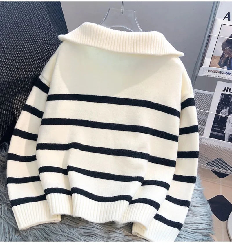 EB | Strickpullover Halb Reißverschluss Weich und Warm Gestreiftes Design Gerippte Kanten