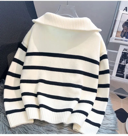 EB | Strickpullover Halb Reißverschluss Weich und Warm Gestreiftes Design Gerippte Kanten