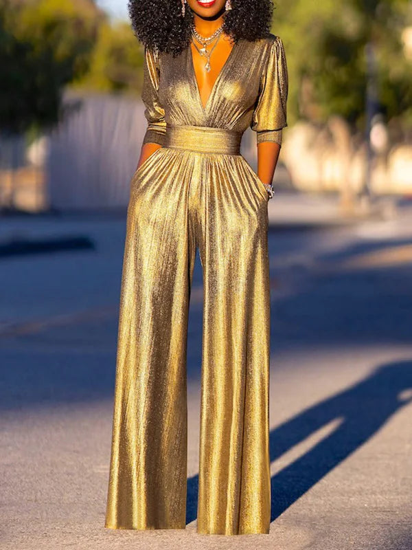 EB Damen Jumpsuit mit V-Ausschnitt und Metallic-Optik