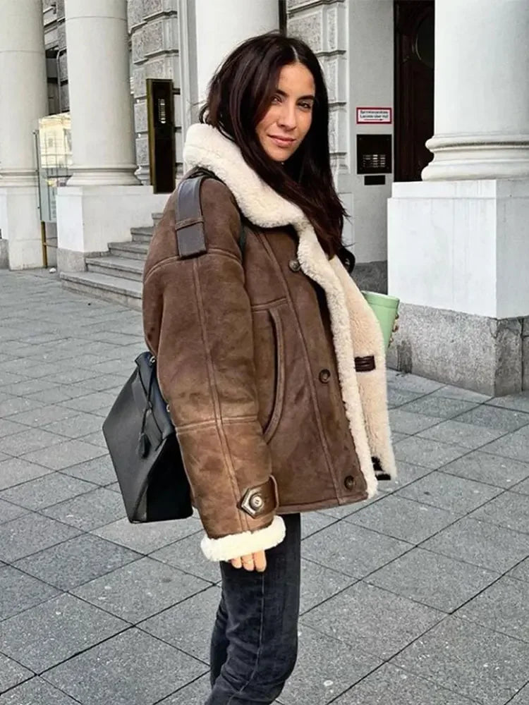 EB | Luxuriöse Pilotenjacke mit Wollfutter Faux Wildleder und Fleece Warm und Stilvoll