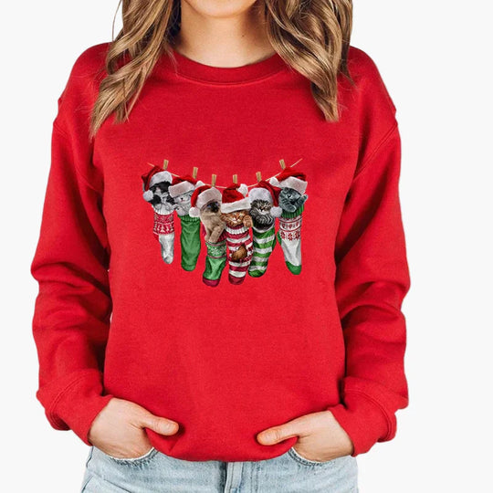 EB | Weihnachtspullover mit Katze und Lichterkette - Lustiger Winter-Sweater für Katzenliebhaber