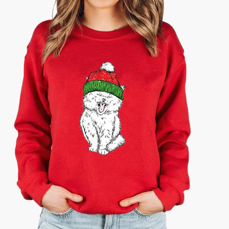 EB | Weihnachtspullover mit Katze und Lichterkette - Lustiger Winter-Sweater für Katzenliebhaber