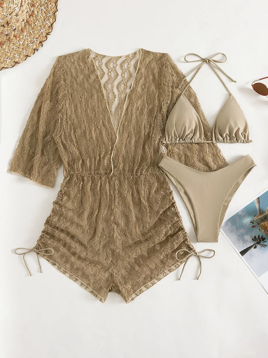 EB | 3 Stück Bikini Tropischer Druck Badebekleidung Halter Schnürseite Badebekleidung Frauen Badeanzug Weiblich Schwimmen Sommer Strandbekleidung