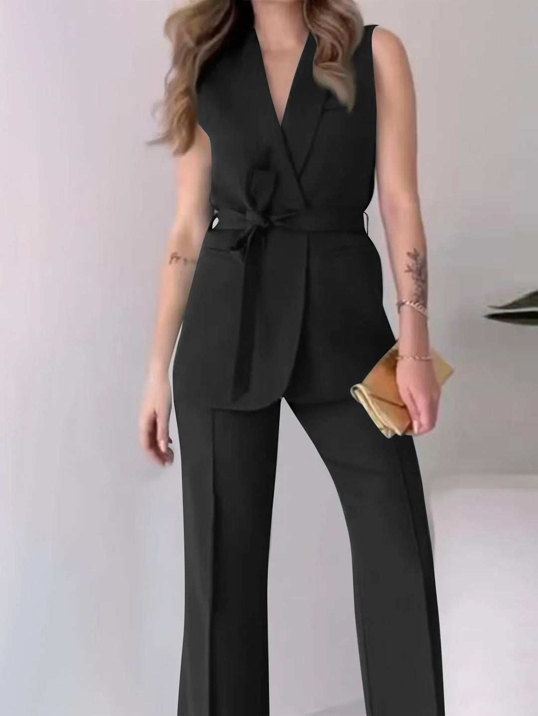 EB | Ärmelloser Blazer-Anzug Taillierte Passform Wickel-V-Ausschnitt Weite Hose