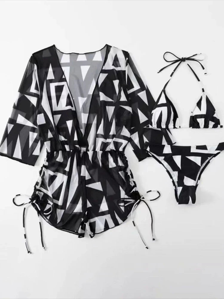 EB | 3 Stück Bikini Tropischer Druck Badebekleidung Halter Schnürseite Badebekleidung Frauen Badeanzug Weiblich Schwimmen Sommer Strandbekleidung