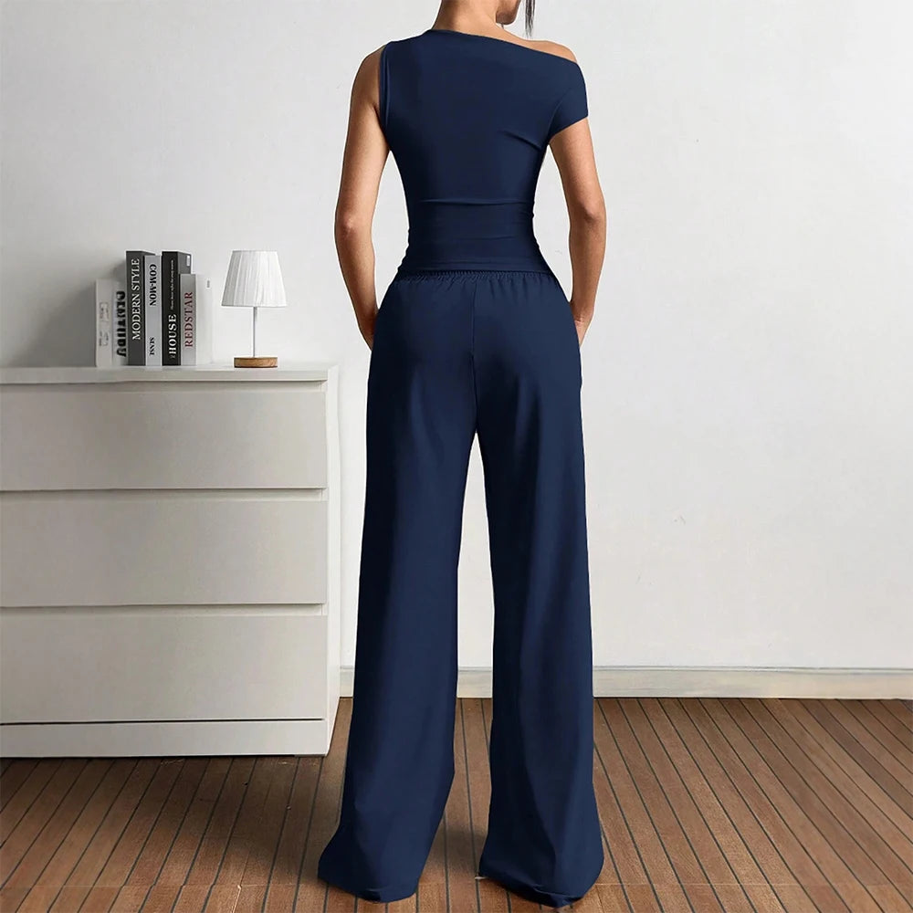 Damen Elegante Jumpsuit-Kombination mit asymmetrischem Oberteil und weitem Bein EB