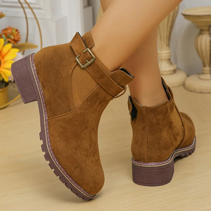 EB | Winter Schnalle Stiefel Runde Zehe Chunky Absätze