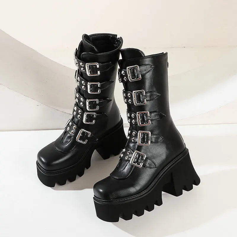 EB | Gothic Schuhe Frauen Schwarz Hochstiefel Weiblich Hohe Absatz Frauen Combat Punk Chunky Dame