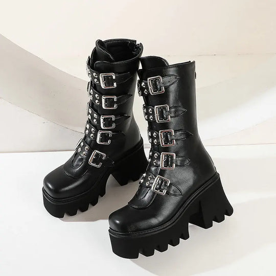 EB | Gothic Schuhe Frauen Schwarz Hochstiefel Weiblich Hohe Absatz Frauen Combat Punk Chunky Dame