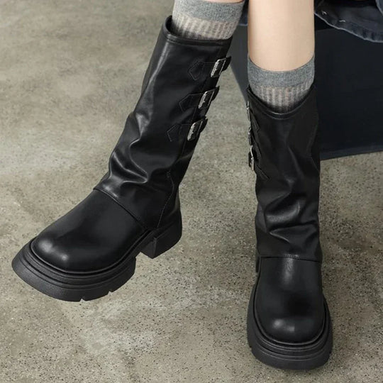 EB | Chunky-Heel-Biker-Stiefel für Damen mit Riemen-Details