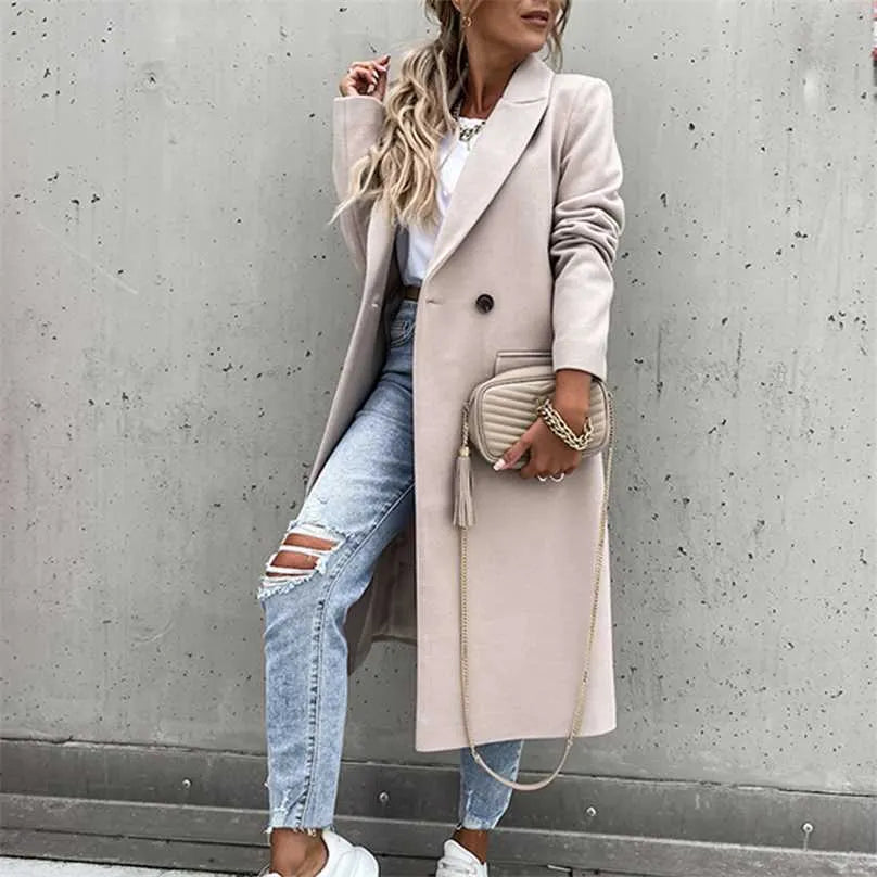 EB | Damen Lange Winterjacke im Casual Chic Stil mit Reverskragen und Taschen