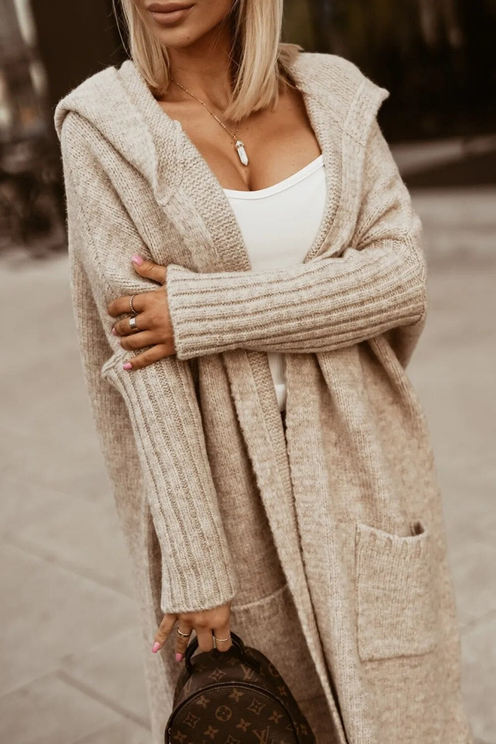 EB | Langer cardigan mit Kapuze für Damen