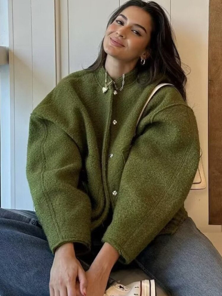 EB | Damen Oversized Jacke Top Coat Lange Ärmel mit Versteckten Knöpfen