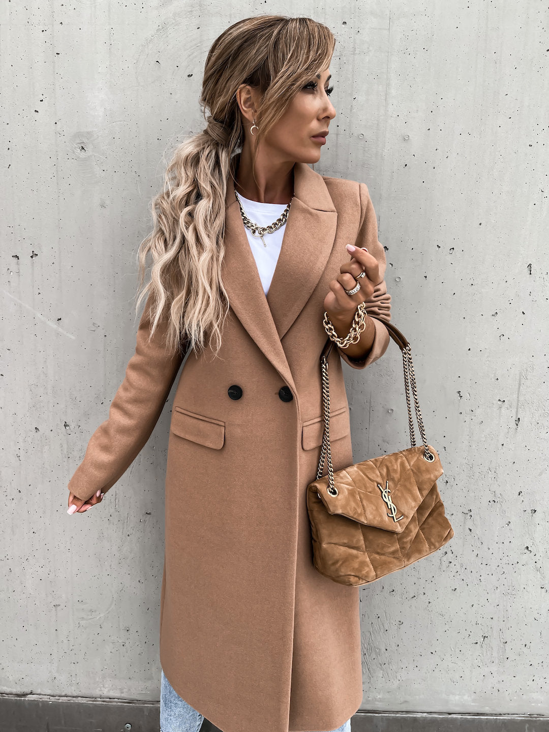EB | Elegante Doppelreihige Jacke Wolle und Polyester Klassisch, Warm
