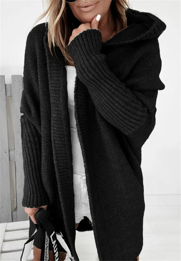 EB | Strickjacke Übergröße Passform Strickwollmischung Kapuze und Offene Vorderseite