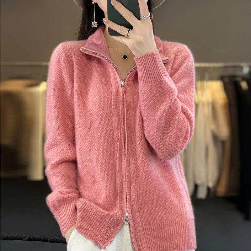 EB | Woll Cardigan Doppelter Reißverschluss und Hoher Kragen Weich und Elegant