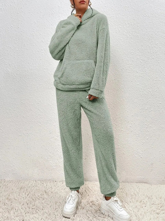EB | Weiche Teddyjacke Damen Loungewear Satz mit Kapuze
