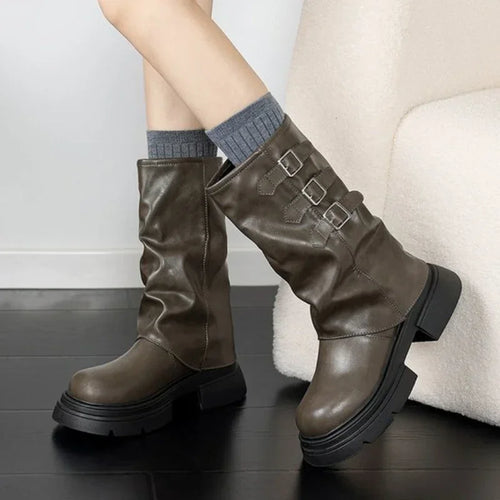 EB | Chunky-Heel-Biker-Stiefel für Damen mit Riemen-Details