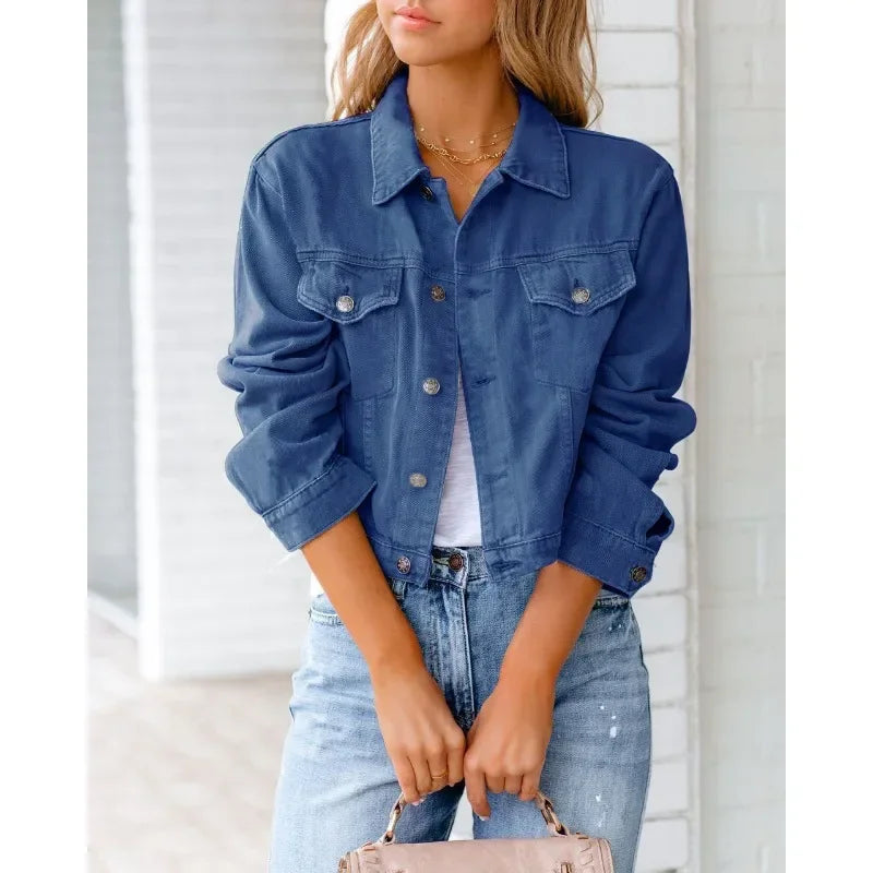 EB | Kurze Taschenjacke Mode Streetwear Einfache Knopf Trend Frauen Denim Jacken Lange Ärmel Herbst Neu Denim Denim Jacken