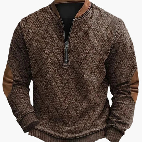 EB | Halbzipper Pullover - Modischer Strick-Look für Herbst und Winter, Warmes Sweatshirt mit Stehkragen und Ellbogen-Patches, Freizeit & Alltag