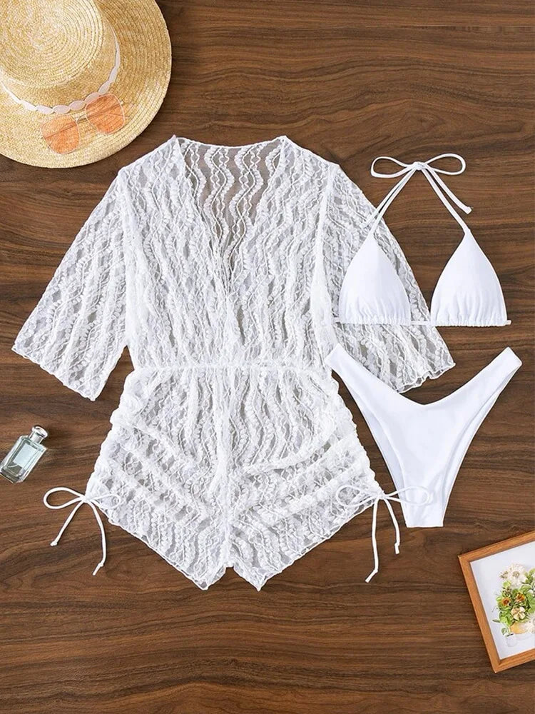EB | 3 Stück Bikini Tropischer Druck Badebekleidung Halter Schnürseite Badebekleidung Frauen Badeanzug Weiblich Schwimmen Sommer Strandbekleidung