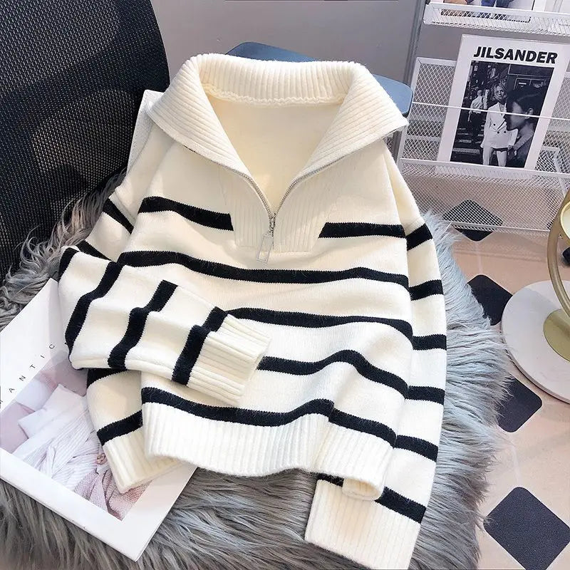 EB | Strickpullover Halb Reißverschluss Weich und Warm Gestreiftes Design Gerippte Kanten