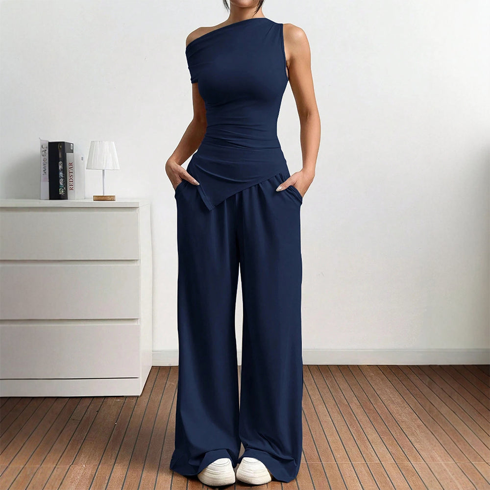 Damen Elegante Jumpsuit-Kombination mit asymmetrischem Oberteil und weitem Bein EB