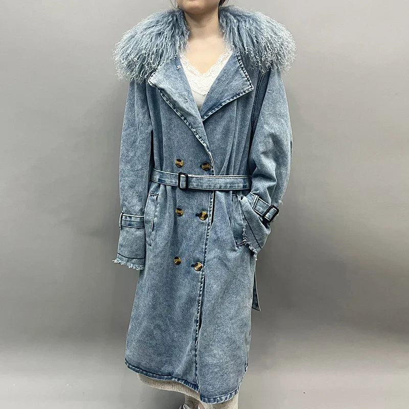 EB | Lange Denimjacke mit Kunstfell Baumwollmix Modern und Elegant