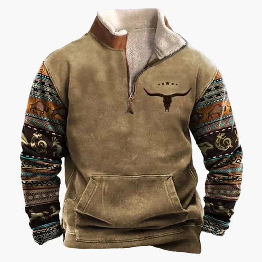 EB | Western Style Pullover mit Azteken-Muster und Longhorn-Motiv - Bequemer Freizeit-Sweater für Outdoor & Alltag