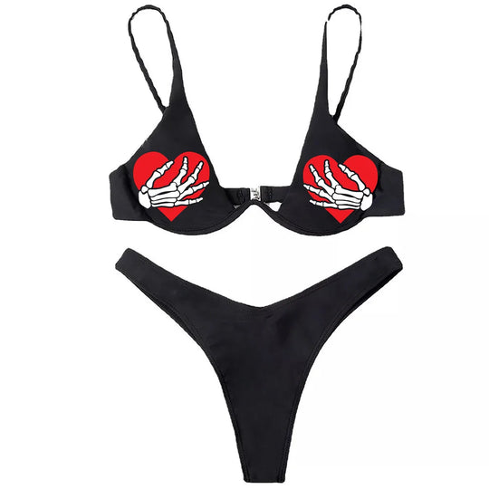 EB | Sexy Goth Bikini Frauen Buchstaben Totenkopf Druck Badeanzug Split Badeanzug Hohe Taille Gotische Bikini Set Strandoutfits