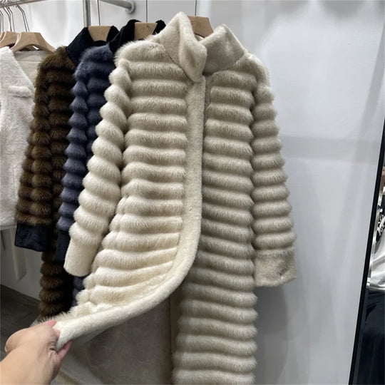 EB | Relaxed Fit Mantel Stehkragen Mantel mit Gebändertem Fellbesatz