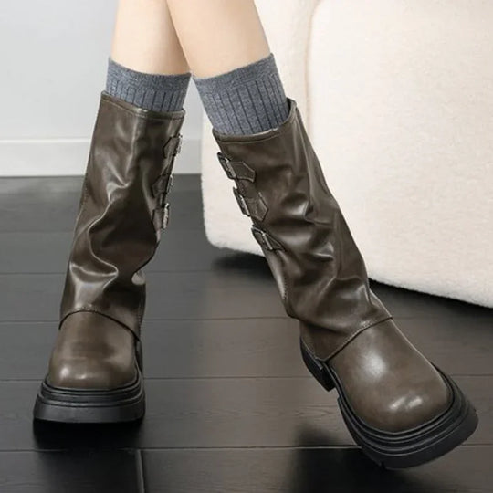 EB | Chunky-Heel-Biker-Stiefel für Damen mit Riemen-Details