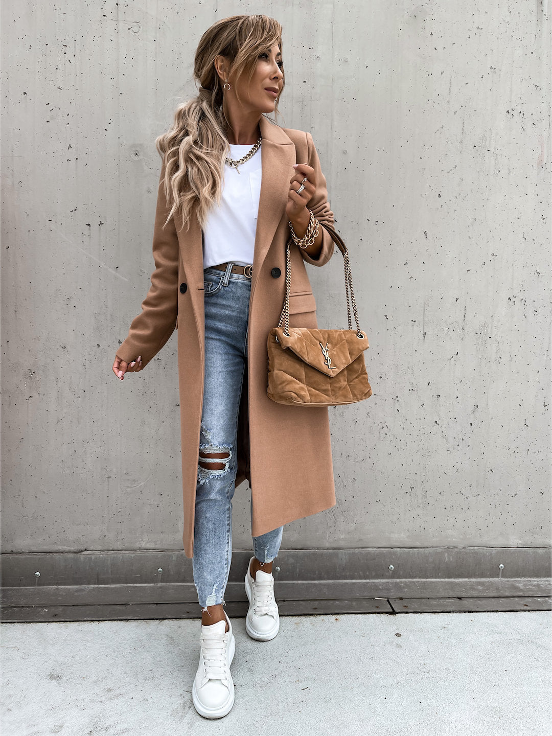 EB | Elegante Doppelreihige Jacke Wolle und Polyester Klassisch, Warm