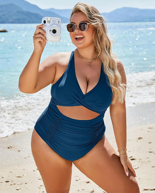EB | Damen Einteiler Badeanzüge Push Up Bauchkontrolle Badeanzüge V-Ausschnitt Cutout Anständige Bademode