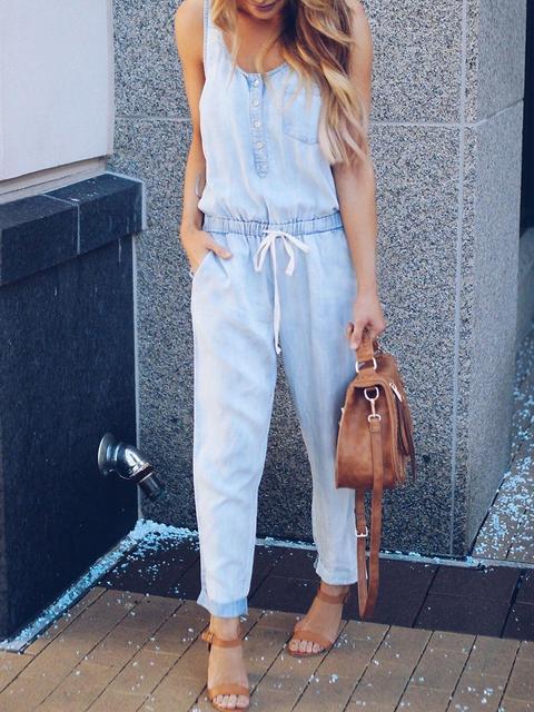 EB | Slim Ärmellos Taille Denim Jumpsuit