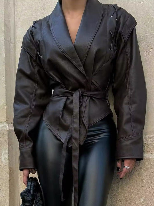 EB | Leder Schnür Lapel Kragen Blazer Jacke