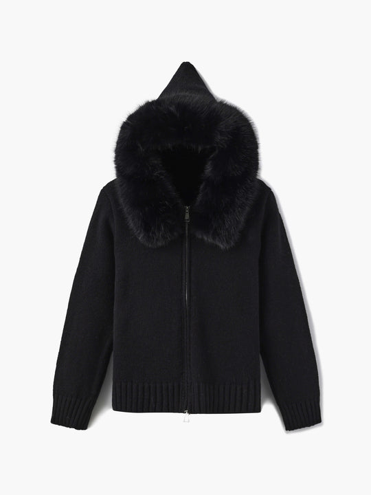 EB | Strickjacke Grau mit Kapuze und Kunstpelz Warme Winterjacke