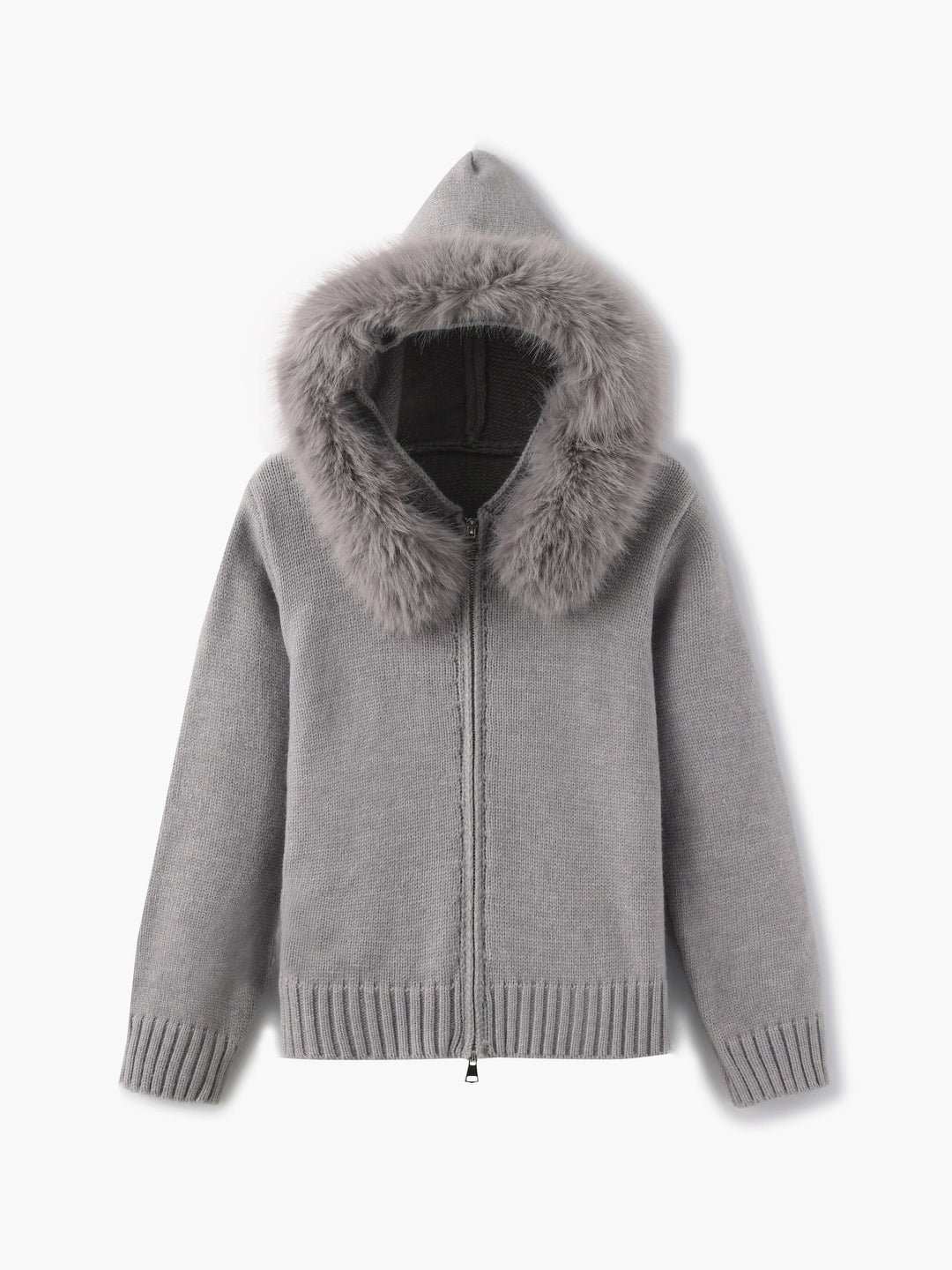 EB | Strickjacke Grau mit Kapuze und Kunstpelz Warme Winterjacke