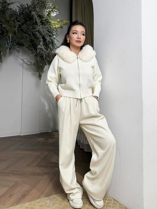 EB | Strickjacke Grau mit Kapuze und Kunstpelz Warme Winterjacke