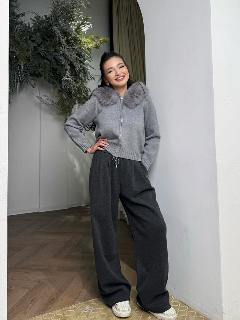 EB | Strickjacke Grau mit Kapuze und Kunstpelz Warme Winterjacke