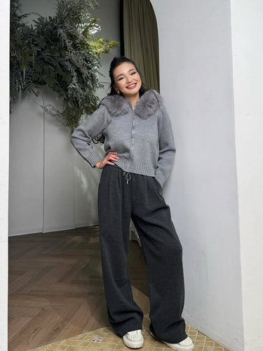 EB | Strickjacke Grau mit Kapuze und Kunstpelz Warme Winterjacke