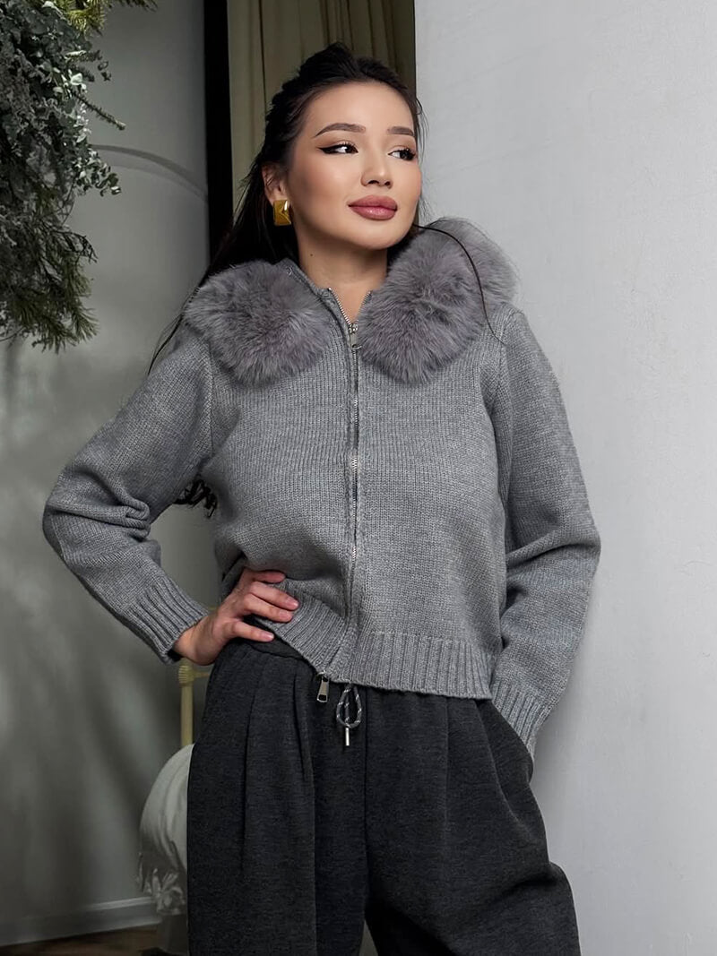 EB | Strickjacke Grau mit Kapuze und Kunstpelz Warme Winterjacke