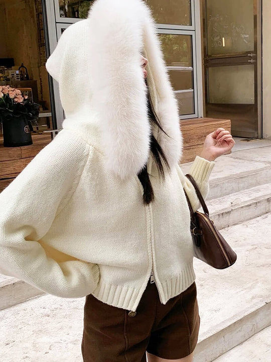 EB | Strickjacke Grau mit Kapuze und Kunstpelz Warme Winterjacke