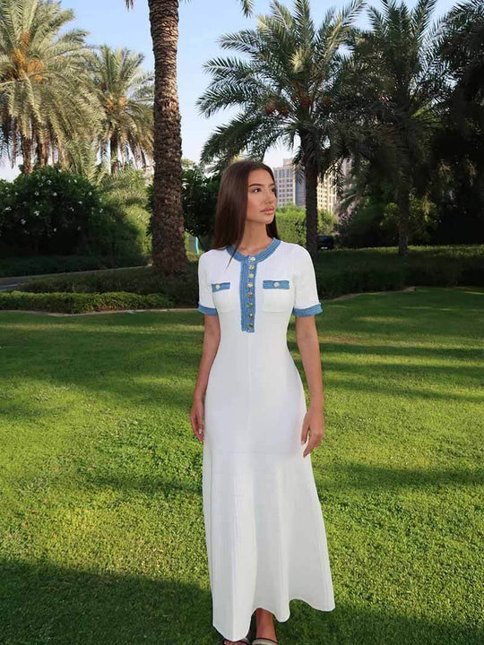 EB | Maxi-Kleid - Dekorative Strick mit Fransen-Denim-Einsatz
