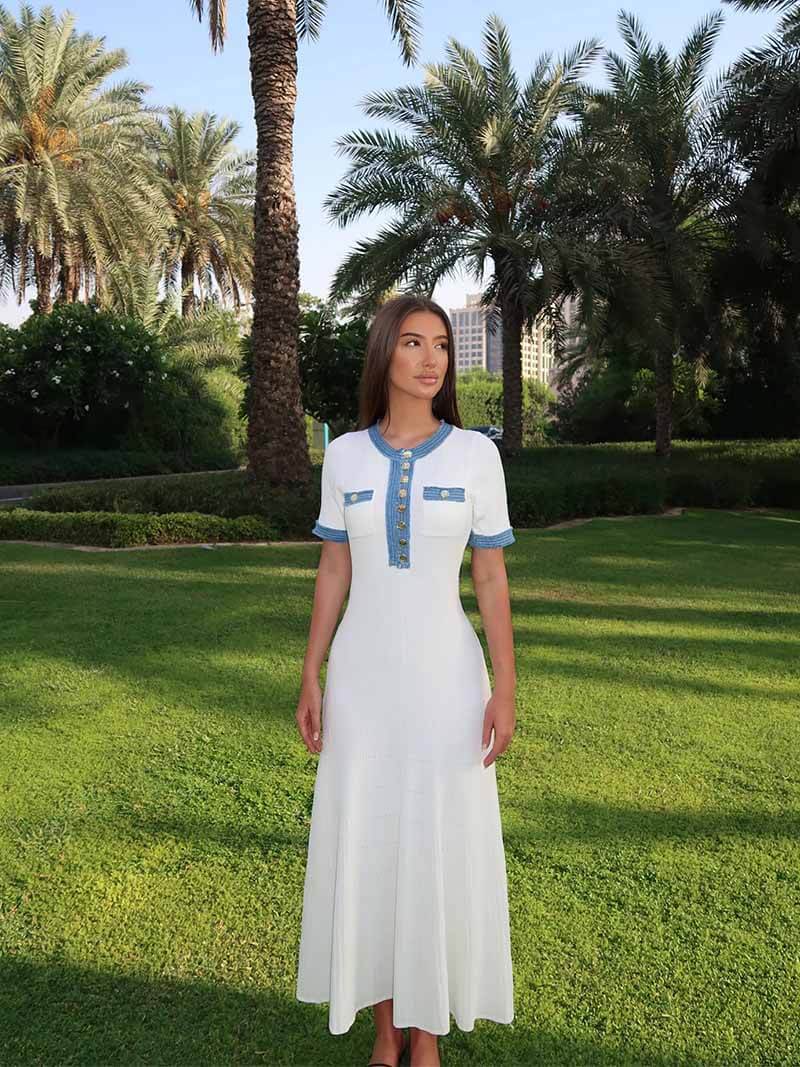 EB | Maxi-Kleid - Dekorative Strick mit Fransen-Denim-Einsatz